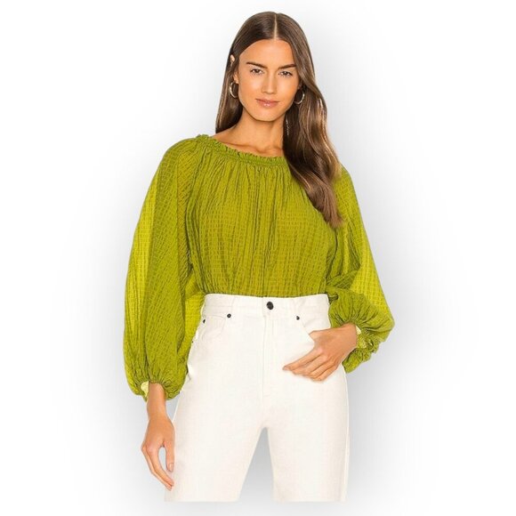 Free People Alicia Top in Lace Fern Green balloon sleeve boho hippie EUC size M - Picture 2 of 12